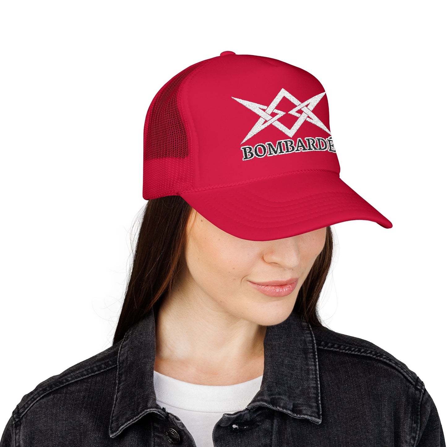 Bombarde Embroidered Trucker Hat — Distressed Rock Logo Foam Cap