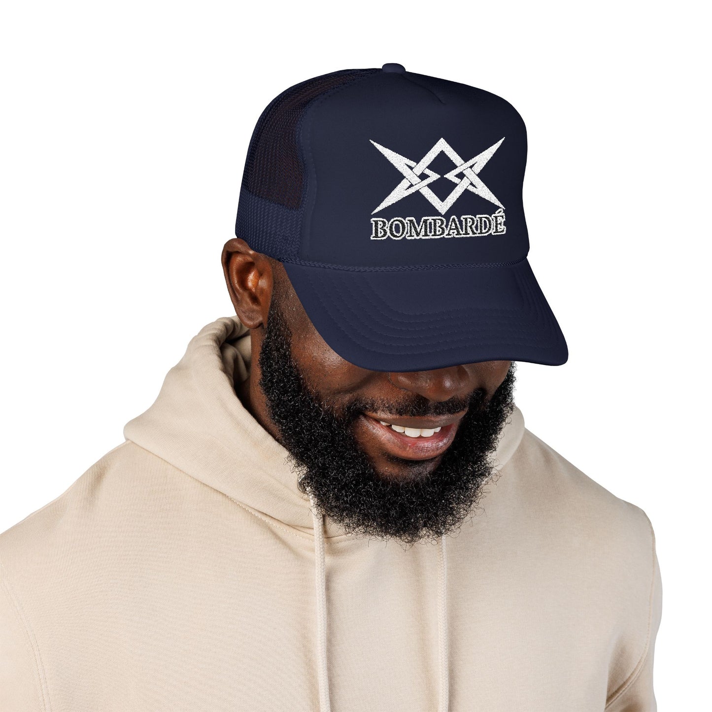Bombarde Embroidered Trucker Hat — Distressed Rock Logo Foam Cap