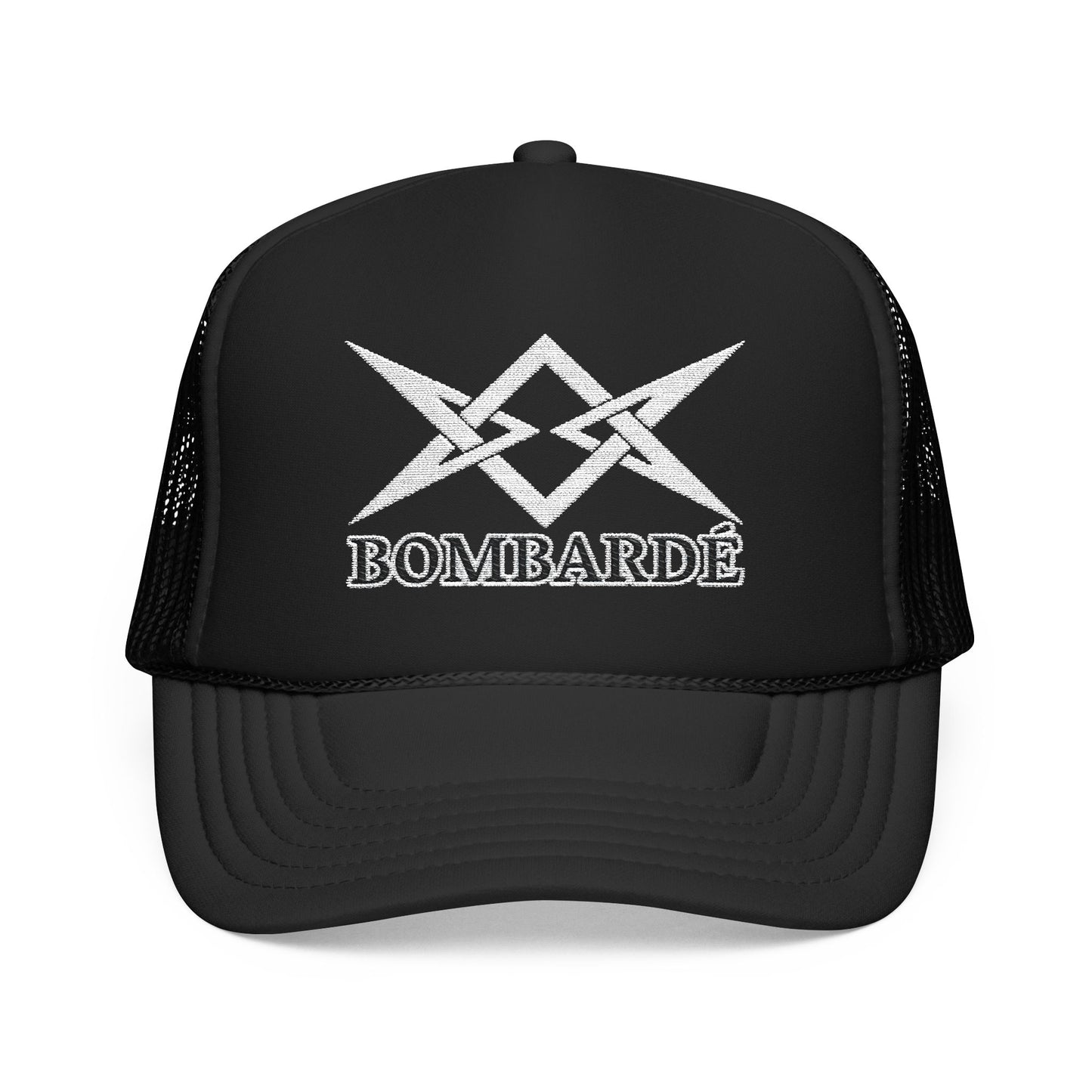 Bombarde Embroidered Trucker Hat — Distressed Rock Logo Foam Cap