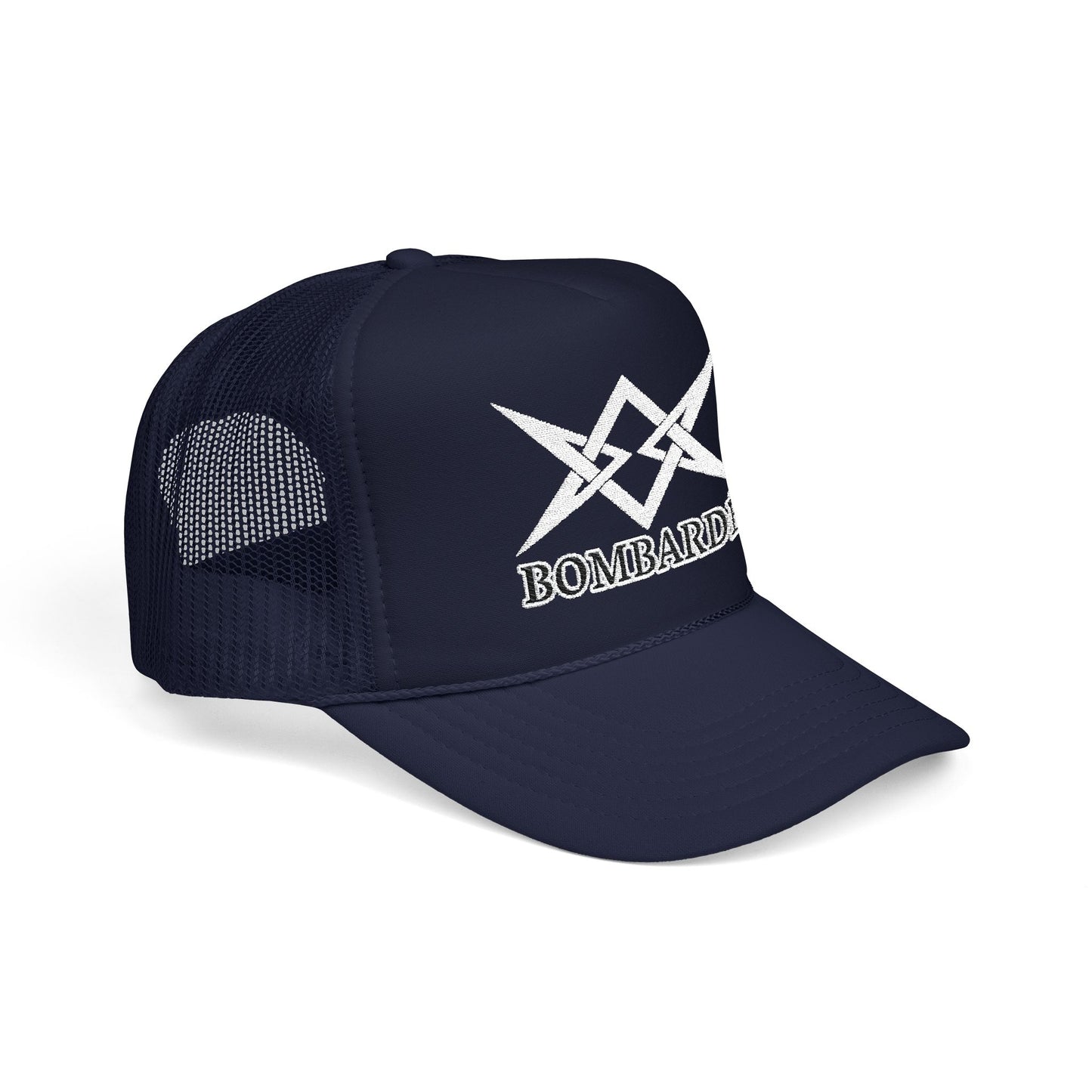 Bombarde Embroidered Trucker Hat — Distressed Rock Logo Foam Cap