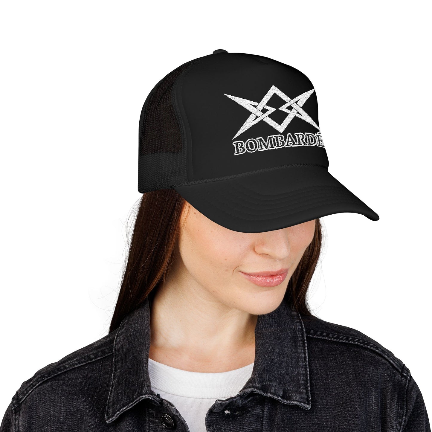 Bombarde Embroidered Trucker Hat — Distressed Rock Logo Foam Cap