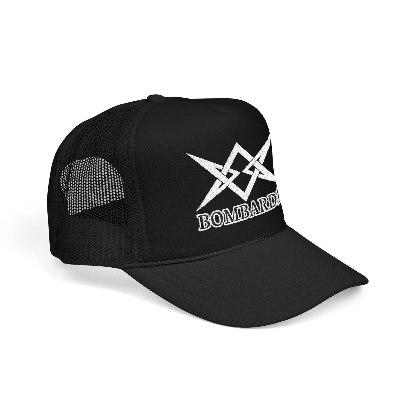 Bombarde Embroidered Trucker Hat — Distressed Rock Logo Foam Cap