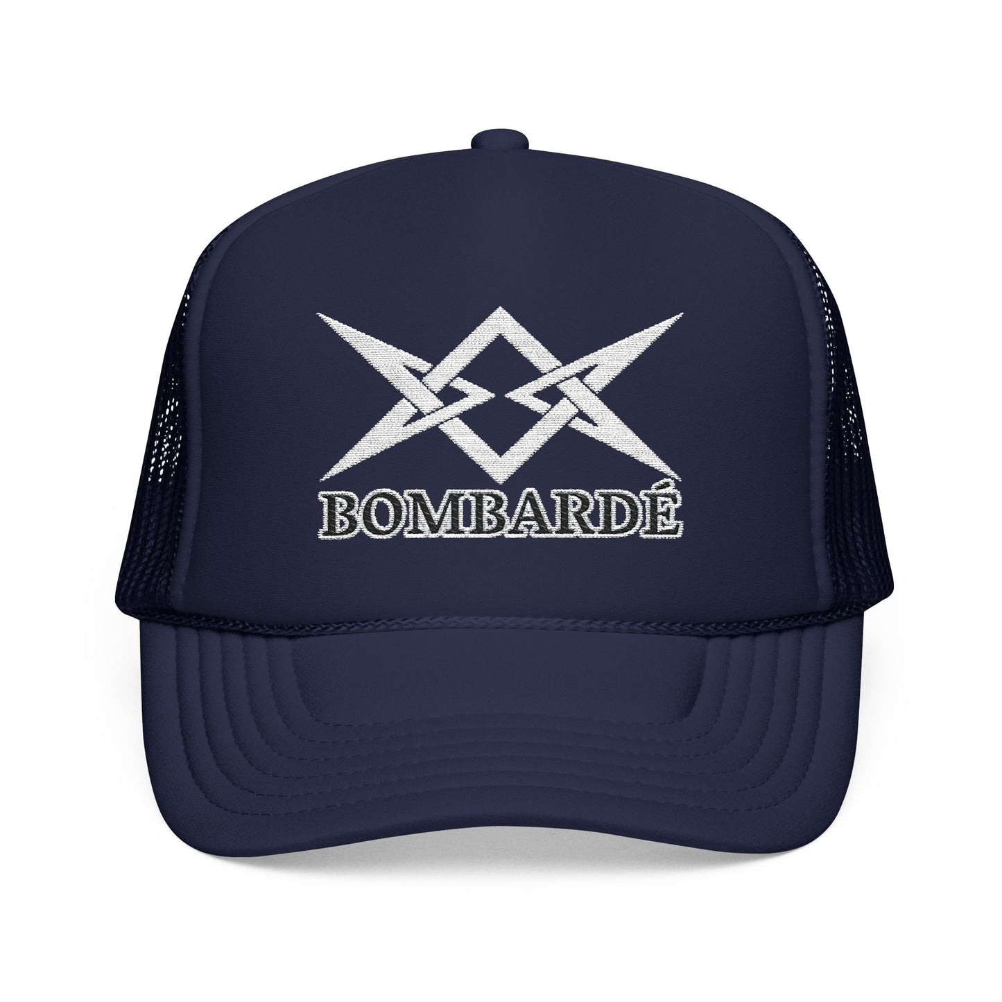 Bombarde Embroidered Trucker Hat — Distressed Rock Logo Foam Cap
