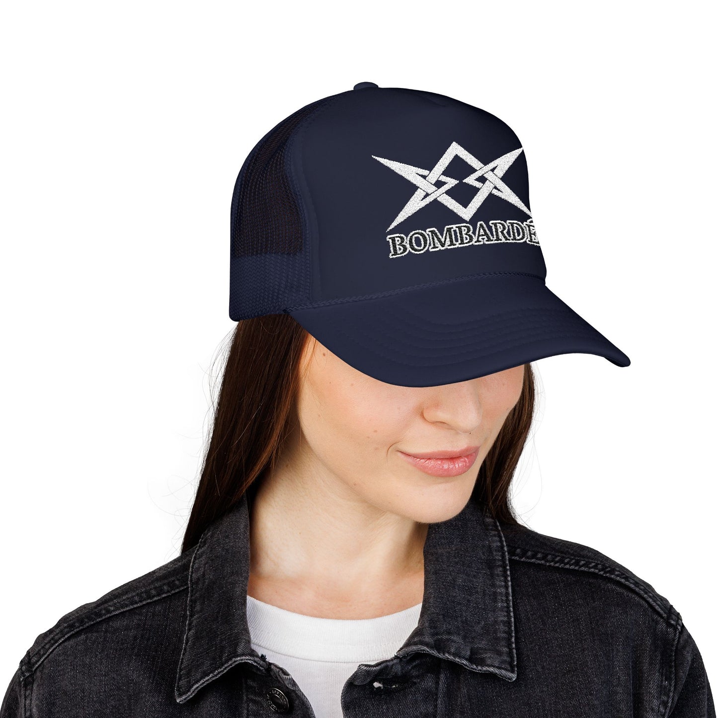 Bombarde Embroidered Trucker Hat — Distressed Rock Logo Foam Cap