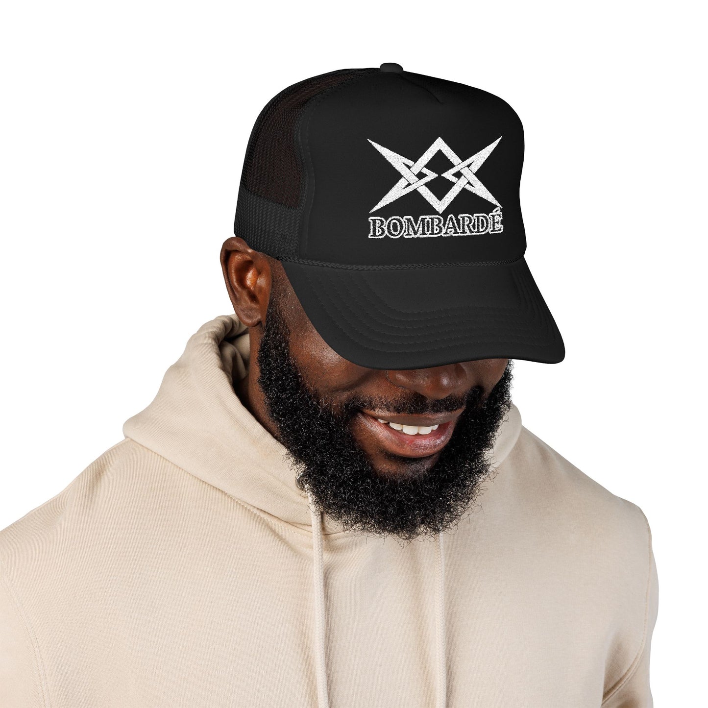 Bombarde Embroidered Trucker Hat — Distressed Rock Logo Foam Cap
