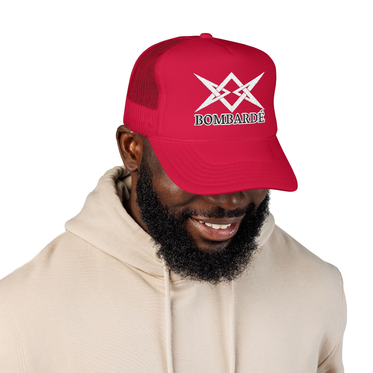 Bombarde Embroidered Trucker Hat — Distressed Rock Logo Foam Cap
